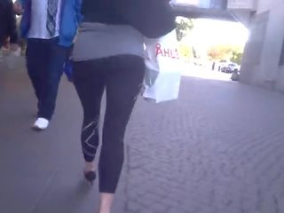 Elite MILF with Bubble Butt in Black Leggings and Heels Walking 1