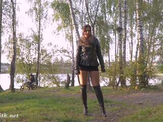 Attractive Jeny Smith shocked a biker in the forest with flashing her pussy and ass. Real situation